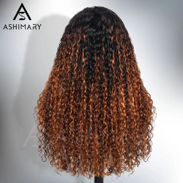 Glueless 360 Invisi Strap Upgrade Cap Lace Frontal Wig Brown Ombre With Black Roots Water Wave With Pre-Bleached Seamless Knots