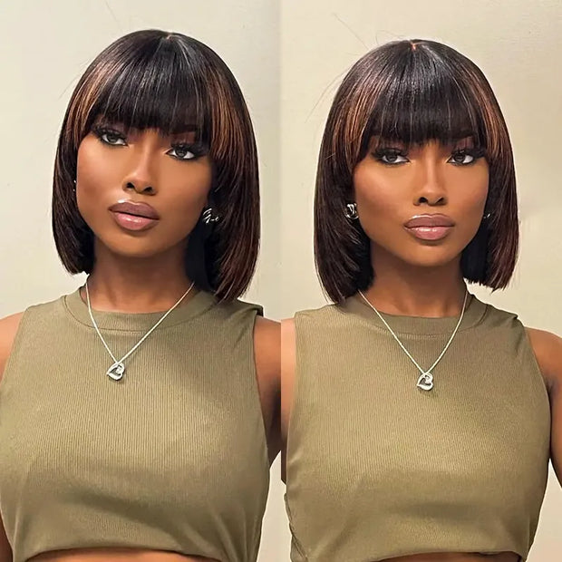 Put On and Go Black Brown Highlight Layered Cut Yaki Straight 3x1 Minimalist Lace Bob 