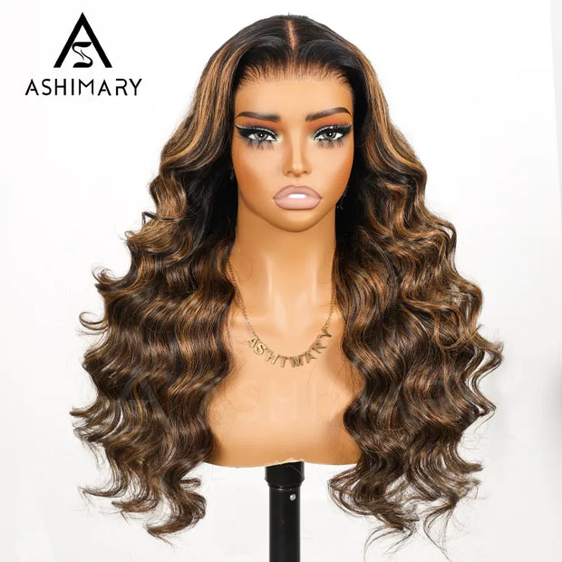 Balayage Highlights Dark Roots Body Wave 360 Skin Lace Frontal Wig