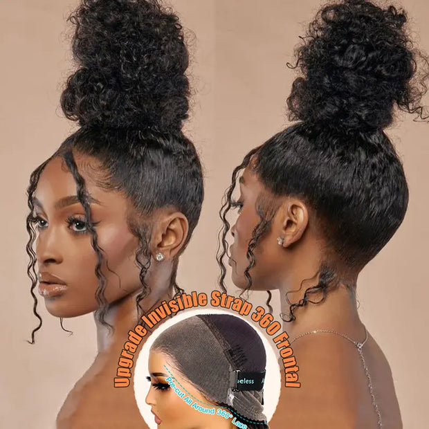 Kinky Curly Invisi Strap Snug Fit 360 Transparent Lace Frontal Bleached Knots Pre Cut Lace Wig