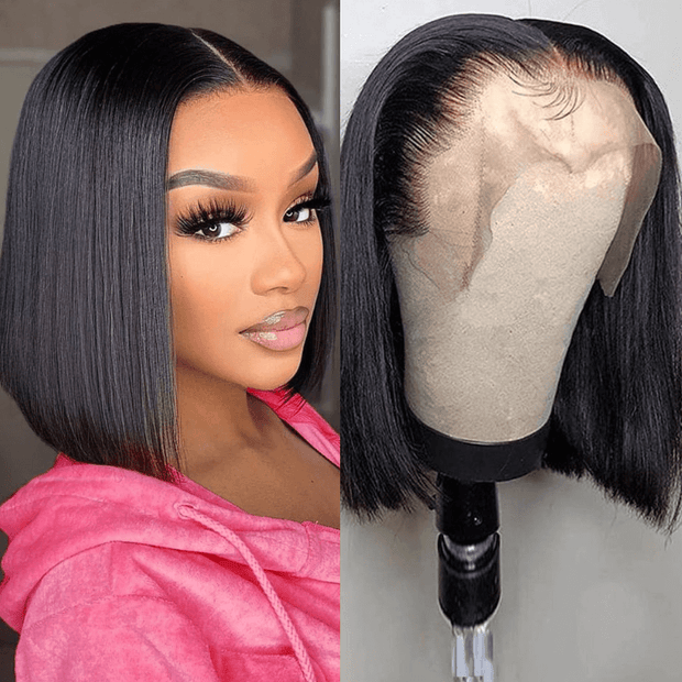 Glueless Double Drawn Blunt Cut Bob Transparent Lace Wig 10A Double Drawn Human Hair