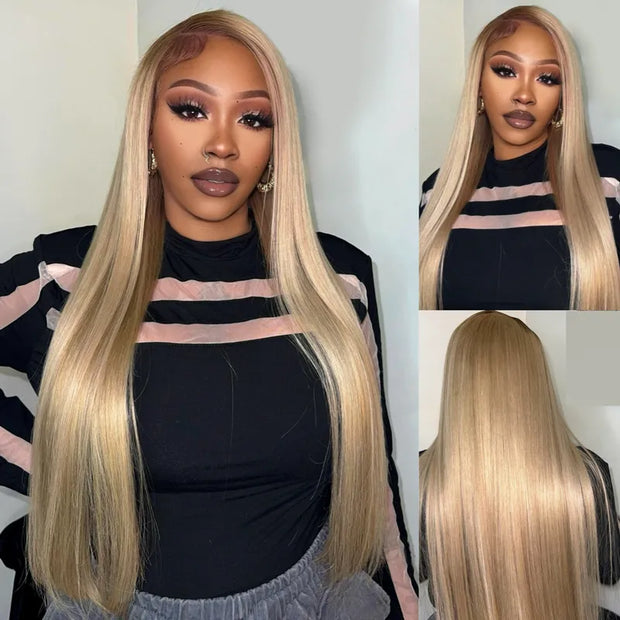 Ash Blonde Dark Root Straight 13x4 Transparent Lace Wig
