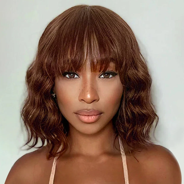 Ginger Brown 4x4 Lace Closure Loose Deep Wave Wig With Bangs