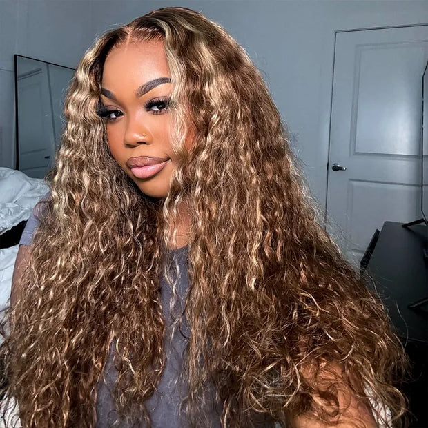 Honey Blonde Highlight Water Wave Pull Go 13x6 Full Skin Lace Wig