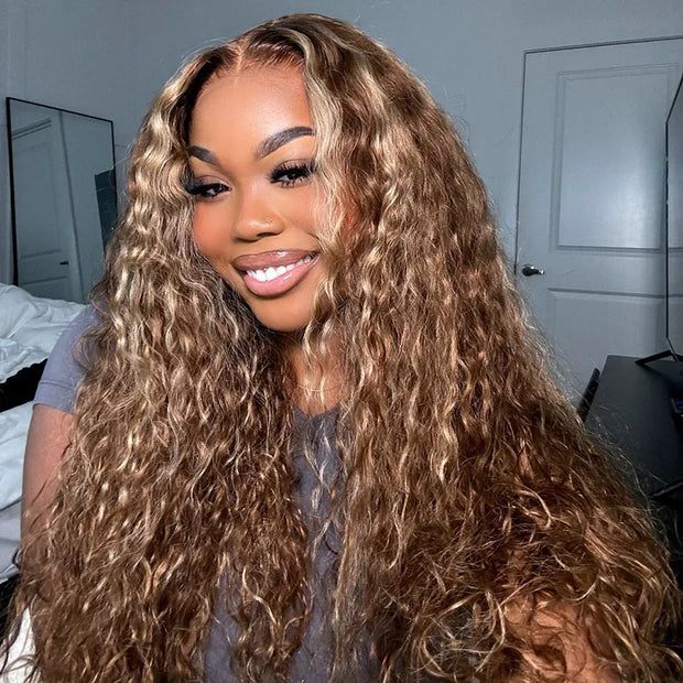 Honey Blonde Highlight Water Wave Pull Go 13x6 Full Skin Lace Wig