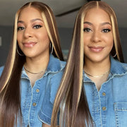 Honey Blonde Highlight Silky Straight Pull Go 13x6 Full Lace Wig