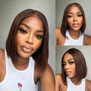 Rich Chocolate Brown 4x4 Lace Closure Straight Blunt Cut Bob Wig