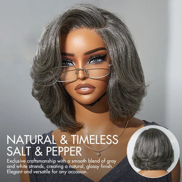 Salt and Pepper Pre-Styled Layered Cut Short Bob Wig Blowout Hairstyle Human Hair Wig