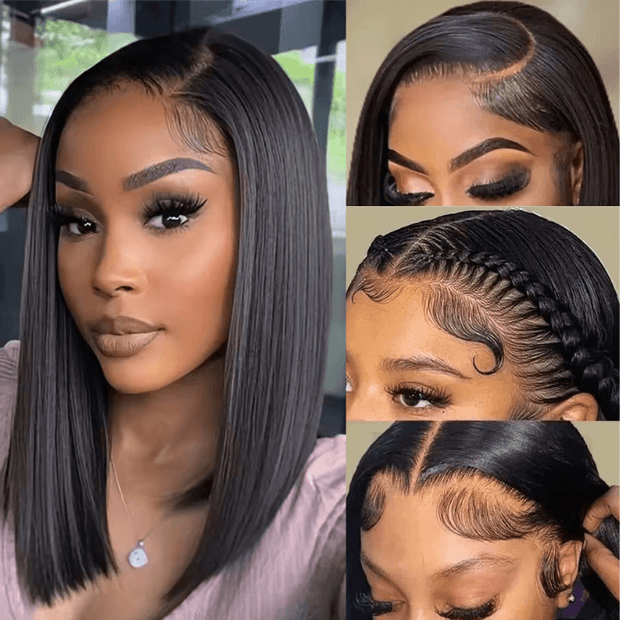 Glueless Double Drawn Blunt Cut Bob Transparent Lace Wig 10A Double Drawn Human Hair