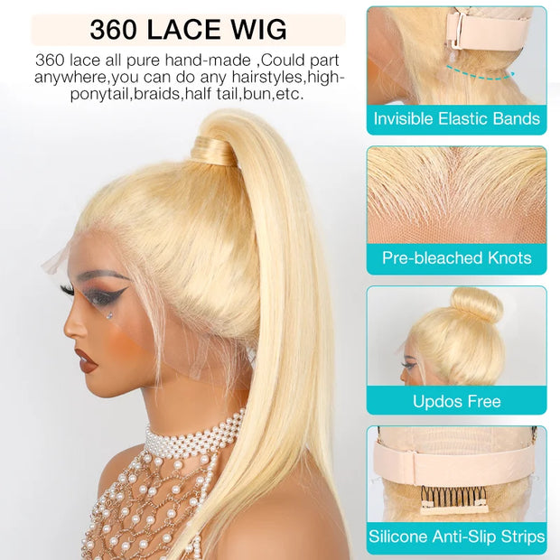 Upgrade Glueless Invisi-Strap 360 Lace Frontal 613 Blonde Straight Wig No Gel For Summer Stable Put on & Go Wigs