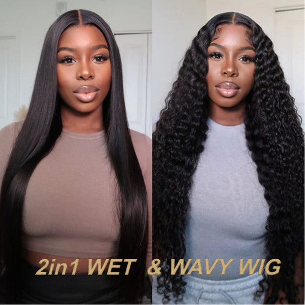 Ready to Wear Magic Wet and Wavy Pre Cut Lace Water Wave 2 in 1 Dry Straight & Wet Curly Wig with Pre Bleached Knots & Plucked Hairline