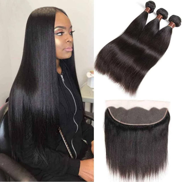 Brazilian Straight Human Hair 3 Bundles With Frontal Remy Hair ...